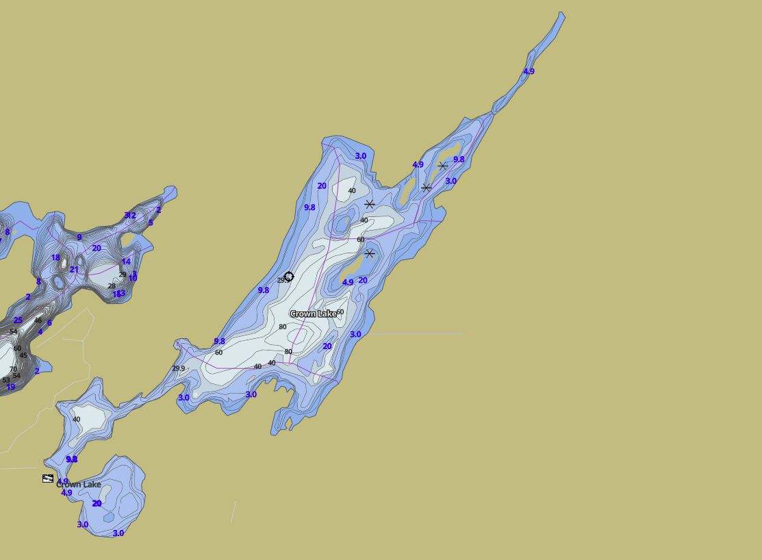 Contour Map of Crown Lake in Municipality of Algonquin Highlands and the District of Haliburton